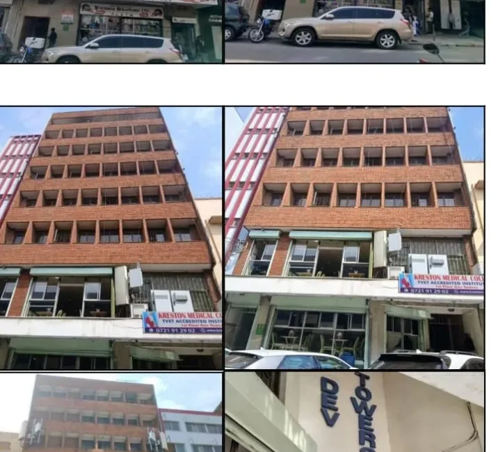 Pictorial illustration showing Dev Towers exterior and entrance views